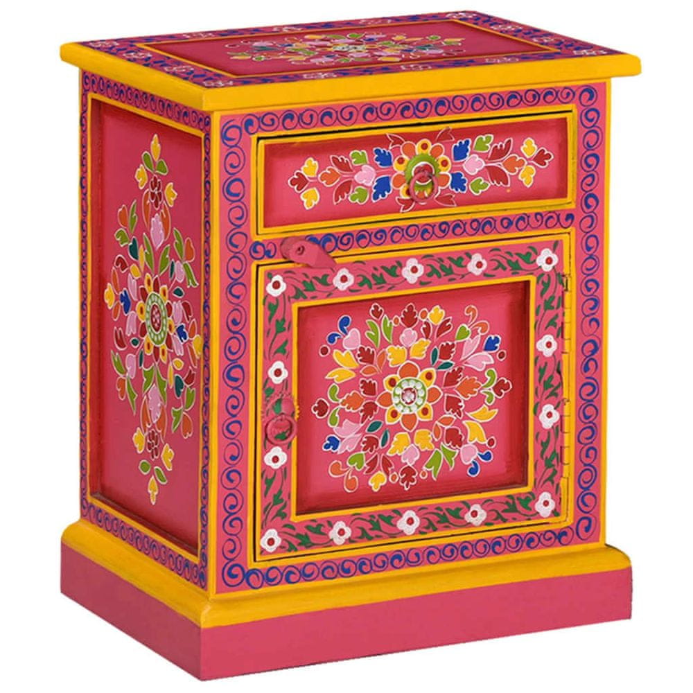 Petromila vidaXL Nočný stolík, masívne mangovníkové drevo, ružový, ručne maľovaný 